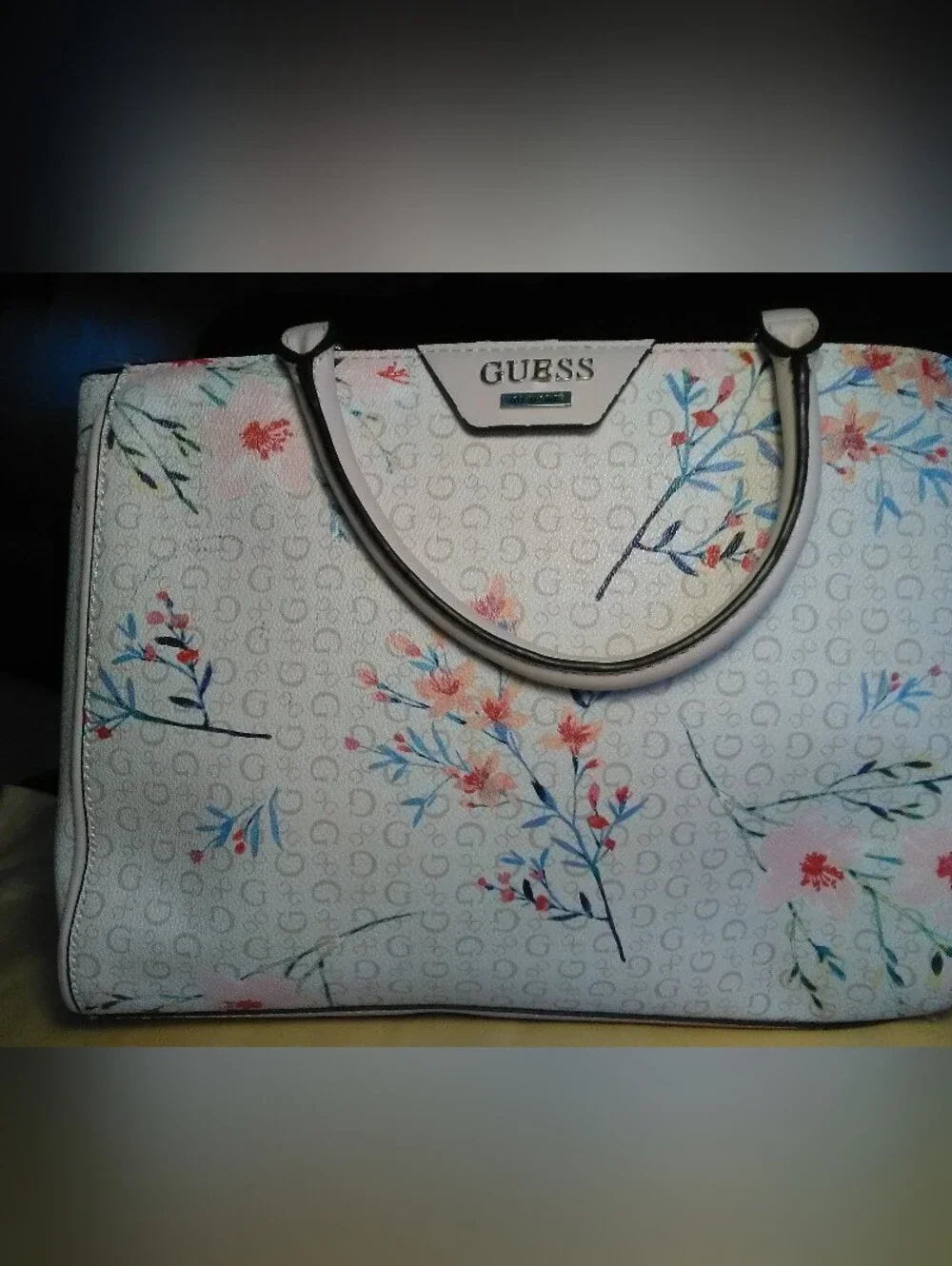 Lk. New GUESS CREAM Satchel Pink & Blue Floral Print G LOGO INSIDE TOP ZIP 3  PK